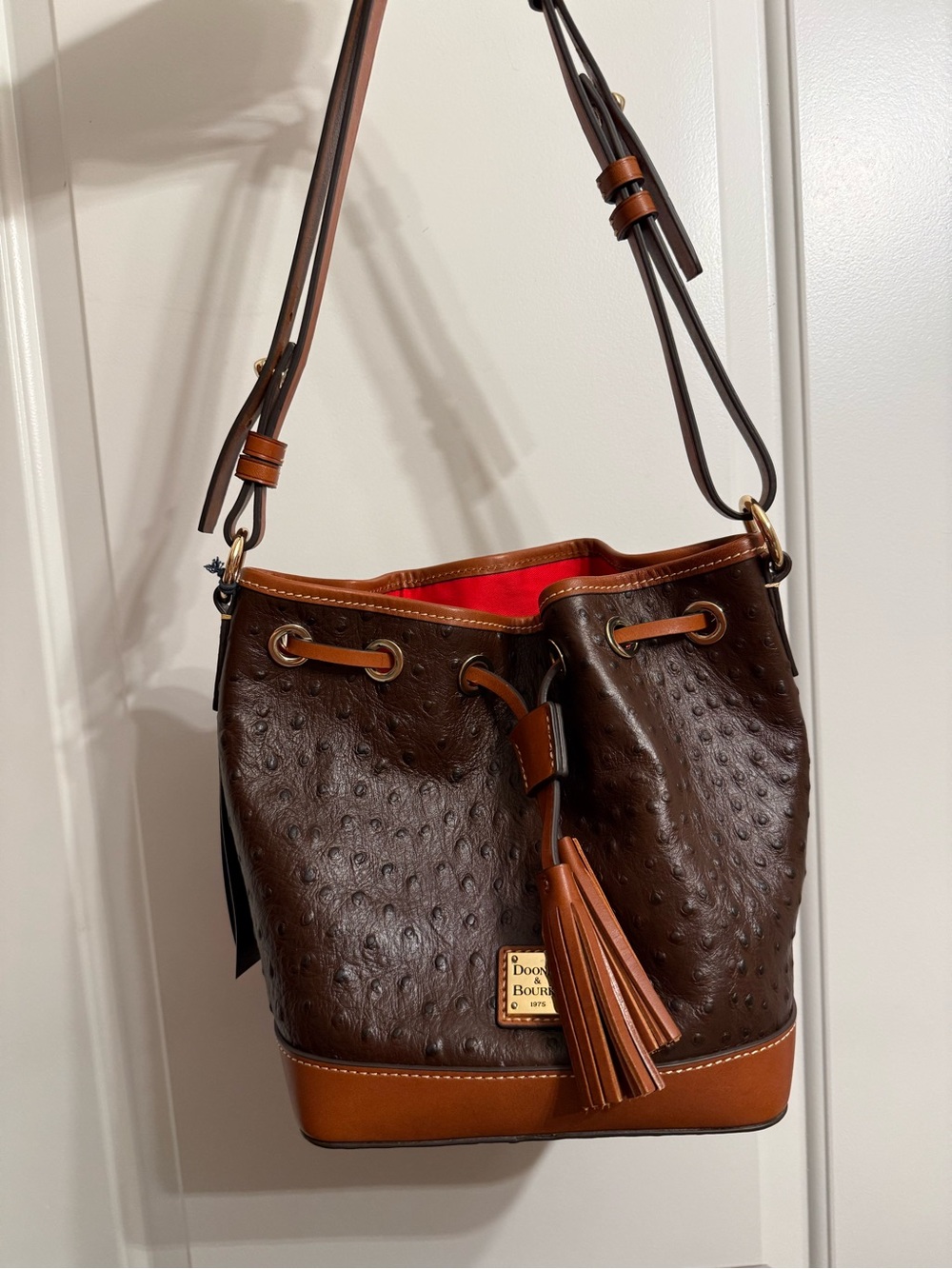 Dooney & Bourke Dark Brown Ostrich-Texture Leather Bucket Bag with Tan Trim